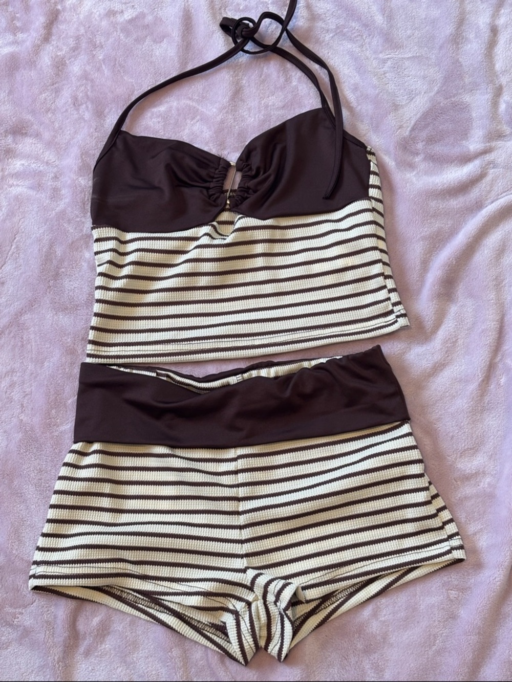 SHEIN Brown and Cream Striped Halter Tankini Set